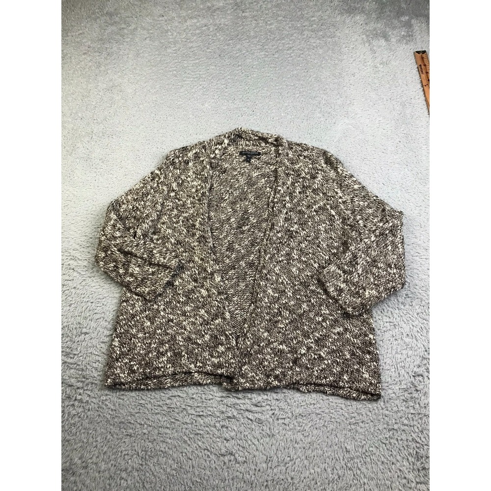 Eileen Fisher Sweater Womens Petite L Brown Linen Cotton Knit Open Cardigan
